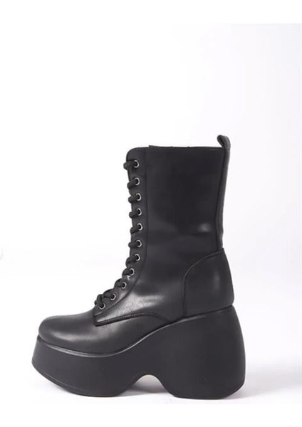 Kadın Riva Siyah Cilt Yandan Fermuarlı Bağcıklı Yüksek Dolgu Topuklu Uzun Bot Bootie fiyatları