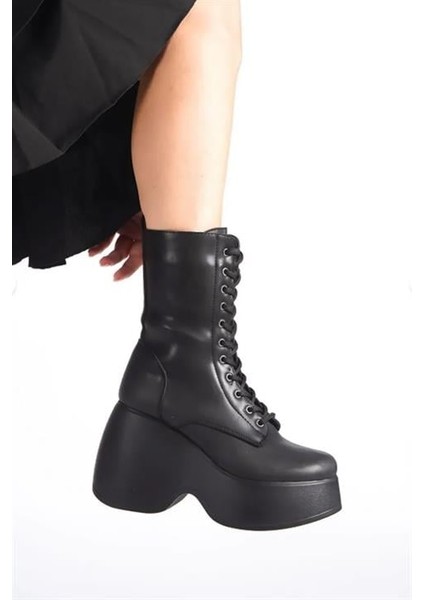 Kadın Riva Siyah Cilt Yandan Fermuarlı Bağcıklı Yüksek Dolgu Topuklu Uzun Bot Bootie fırsatları