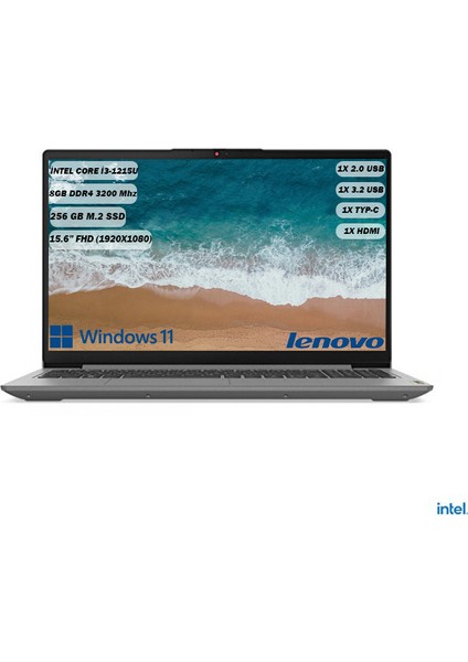 Ideapad 3 Intel Core i3-1215U 8 GB 256 GB SSD Integrated Intel UHD Graphics 15.6" FHD W11 Gri Notebook 82RK0188TX