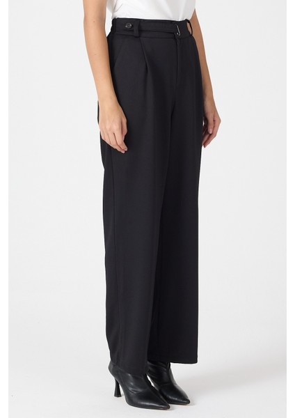Siyah Kemerli Yüksek Bel Bol Paça Kadın Pantolon 8147A fırsatları