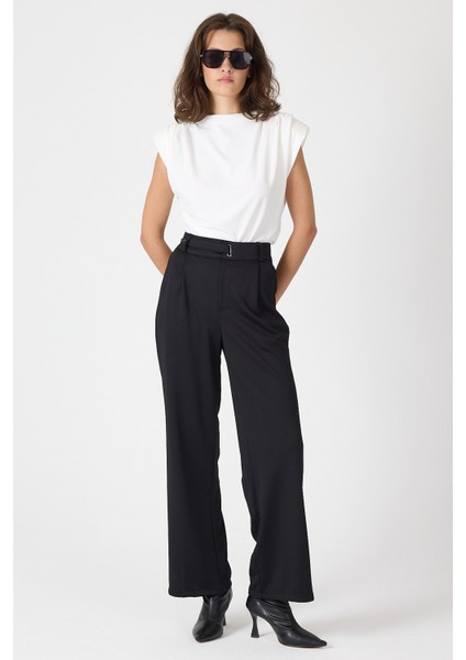 Siyah Kemerli Yüksek Bel Bol Paça Kadın Pantolon 8147A