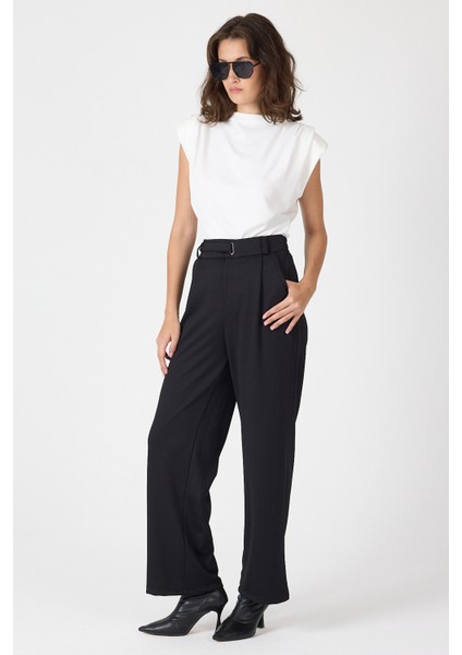 Siyah Kemerli Yüksek Bel Bol Paça Kadın Pantolon 8147A