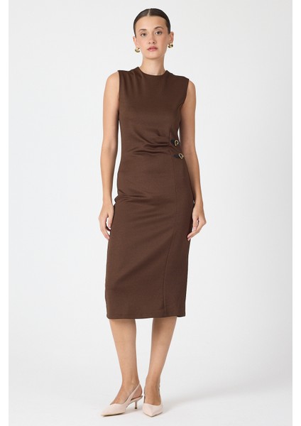 Kahve Gri Kalp Tokalı Midi Elbise 8144A modelleri