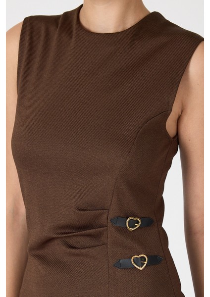 Kahve Gri Kalp Tokalı Midi Elbise 8144A indirimleri