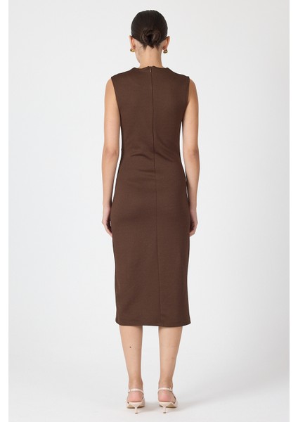 Kahve Gri Kalp Tokalı Midi Elbise 8144A