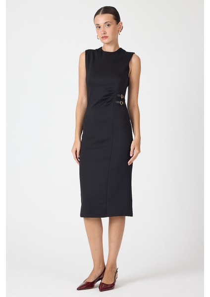 Siyah Gri Kalp Tokalı Midi Elbise 8144A fiyatları