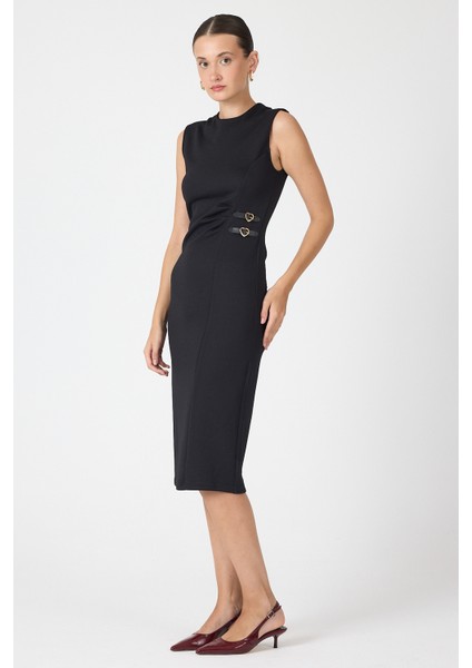 Siyah Gri Kalp Tokalı Midi Elbise 8144A fırsatları