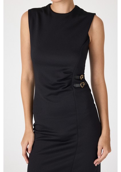 Siyah Gri Kalp Tokalı Midi Elbise 8144A indirimleri