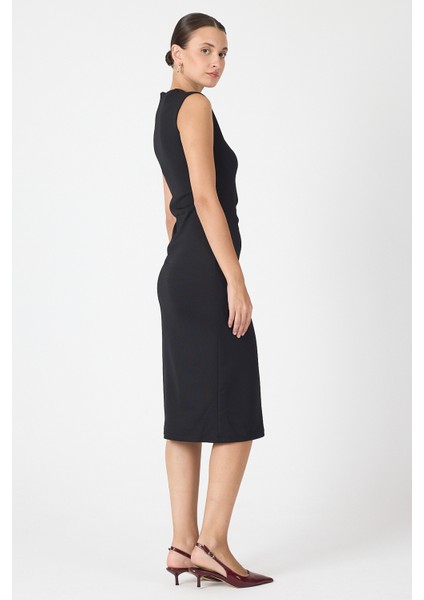 Siyah Gri Kalp Tokalı Midi Elbise 8144A