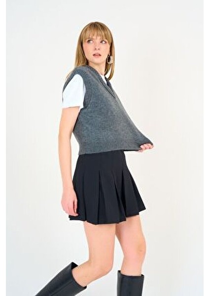 Kadın Antrasit V Yaka Fitilli Kenarlı Kolsuz Süveter fiyatları