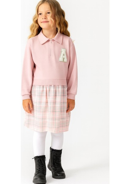 Kız Çocuk Pembe Polo Yaka Sweatshirt Görünümlü Ekose Desenli ELBISE-1706 P fırsatları
