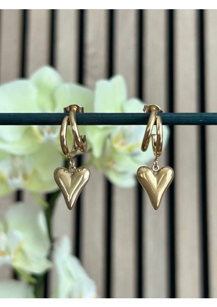 Sallantılı Kalpli Çelik Küpe