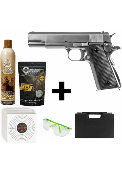 Colt 1911 Gen2 Gümüş + Green Gas + 1 kg Bb + Taşıma Çantası + Atış Gözlüğü