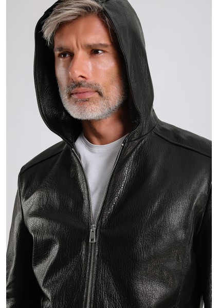 Arda Erkek Kapüşonlu Deri Mont