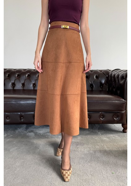 Süet Uzun Etek- Taba