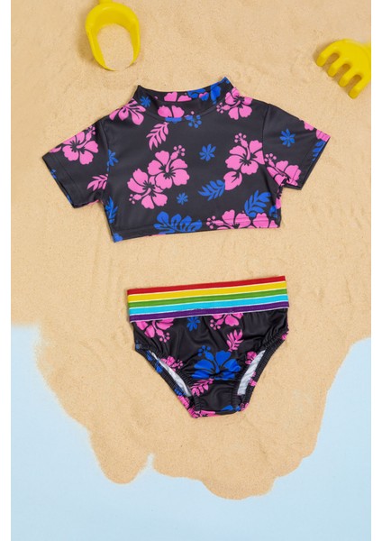 Siyah Çiçek Desenli Gökkuşağı Şeritli Kız Çocuk 2li Mayo Takımı 21112