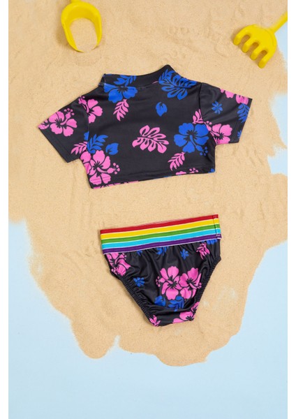 Siyah Çiçek Desenli Gökkuşağı Şeritli Kız Çocuk 2li Mayo Takımı 21112 fiyatları