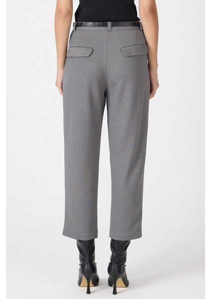 Antrasit Pileli Kemerli Kadın Kumaş Pantolon 8120A