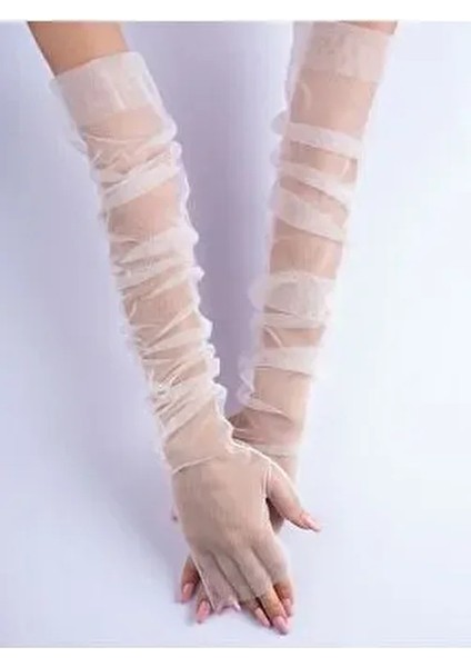 Uzun Beyaz Tül Kesik Parmak Gelin Eldiveni