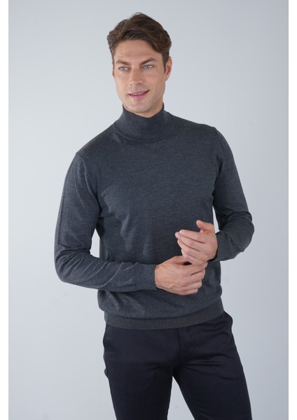 Erkek Yün Basic Yarım Balıkçı Yaka Triko Antrasit TR23KNOS23210_D58