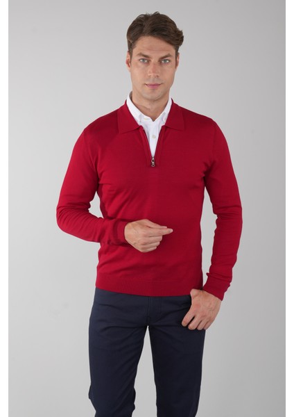 Polo Yaka Fermuar Detaylı Kırmızı Erkek Yün Triko TR23KNOS23211_D24