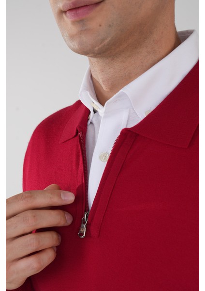 Polo Yaka Fermuar Detaylı Kırmızı Erkek Yün Triko TR23KNOS23211_D24 modelleri