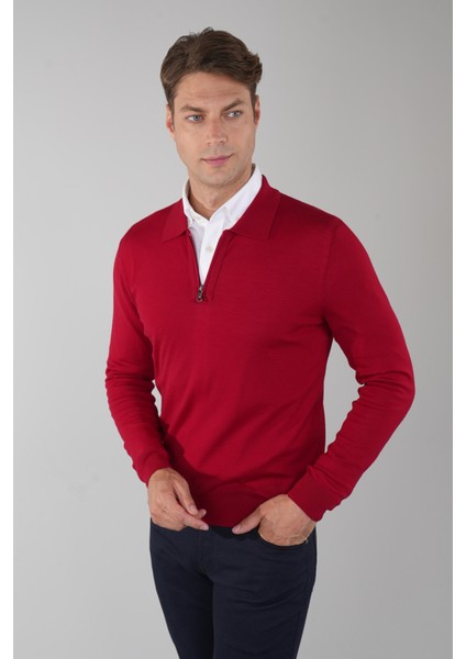 Polo Yaka Fermuar Detaylı Kırmızı Erkek Yün Triko TR23KNOS23211_D24 fırsatları