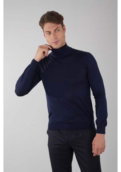 Erkek Yün Basic Yarım Balıkçı Yaka Triko Lacivert TR23KNOS23210_D39