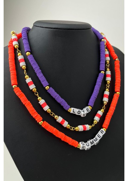 Üçlü Kombin Fimo Kolye (Ölçü:43+5 Cm)