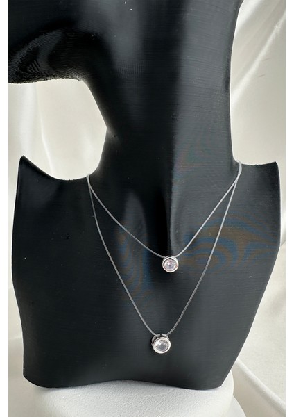 Yuvarlak Kristal Ikili Taşlı Görünmez Misina Kolye