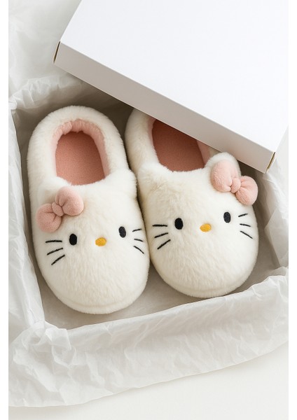 Hello Figürlü Kurdela Detaylı Fiyonklu Kışlık Unisex Ev Terliği Kaydırmaz Taban