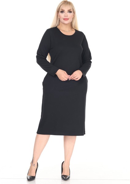 Çift Cepli Desenli Esnek Kışlık Büyük Beden Midi Elbise 17C-2711