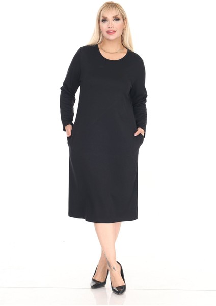 Çift Cepli Desenli Esnek Kışlık Büyük Beden Midi Elbise 17C-2711 fiyatları