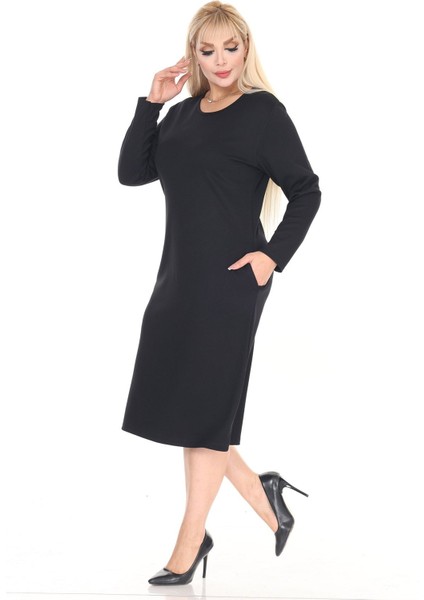 Çift Cepli Desenli Esnek Kışlık Büyük Beden Midi Elbise 17C-2711 modelleri