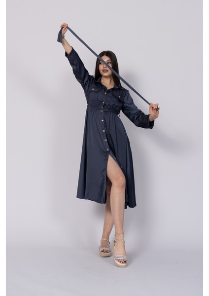 Uzun Kollu ve Kolları Katlana Bilen Boydan Düğmeli Beli Lastikli Saten Elbise 50306