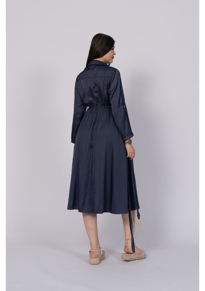 Uzun Kollu ve Kolları Katlana Bilen Boydan Düğmeli Beli Lastikli Saten Elbise 50306 fiyatları