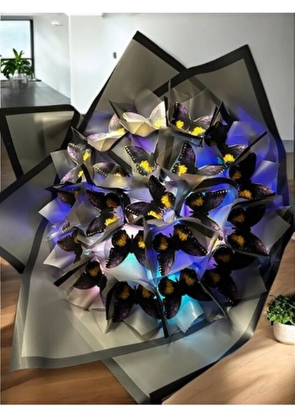 Renkli LED Işıklı Siyah Kelebek Buketi , Dekoratif Konsept Hediye Anneye, Sevgiliye,arkadaşa