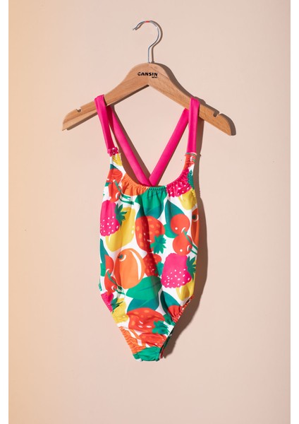 Pembe Ip Askılı Meyve Desenli Kız Çocuk Mayo 21071