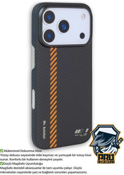iPhone 17 Pro Max Kılıf M-Safe Şarj 600D Güçlü Kamera Çerçeveli Pure Kevlar Fiber Turuncu-Siyah Hafif Ince fiyatları