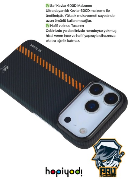 iPhone 17 Pro Max Kılıf M-Safe Şarj 600D Güçlü Kamera Çerçeveli Pure Kevlar Fiber Turuncu-Siyah Hafif Ince modelleri