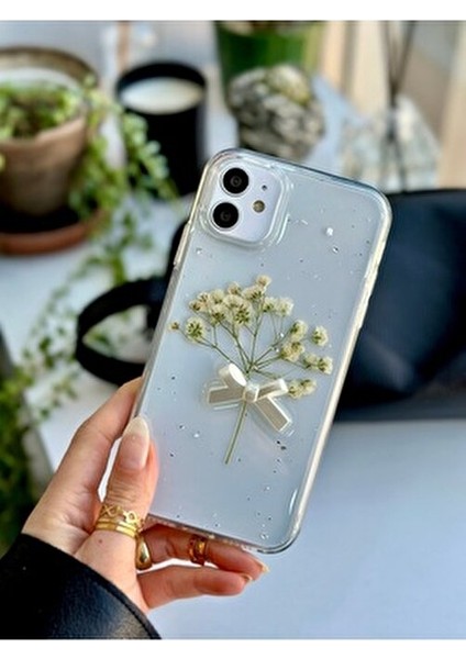 Iphone 11 Uyumlu Şeffaf Buket Simli Çiçek (Gerçek Çiçek) Epoksili Telefon Kılıfı