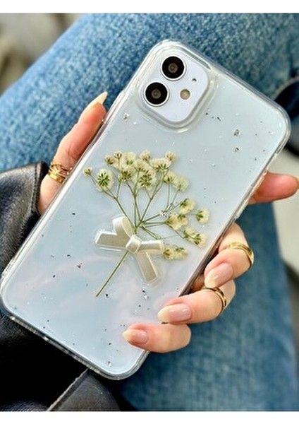 Iphone 11 Uyumlu Şeffaf Buket Simli Çiçek (Gerçek Çiçek) Epoksili Telefon Kılıfı fırsatları