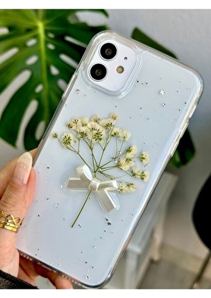 Iphone 11 Uyumlu Şeffaf Buket Simli Çiçek (Gerçek Çiçek) Epoksili Telefon Kılıfı indirimleri