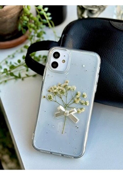 Iphone 11 Uyumlu Şeffaf Buket Simli Çiçek (Gerçek Çiçek) Epoksili Telefon Kılıfı
