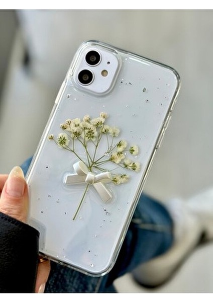Iphone 11 Uyumlu Şeffaf Buket Simli Çiçek (Gerçek Çiçek) Epoksili Telefon Kılıfı