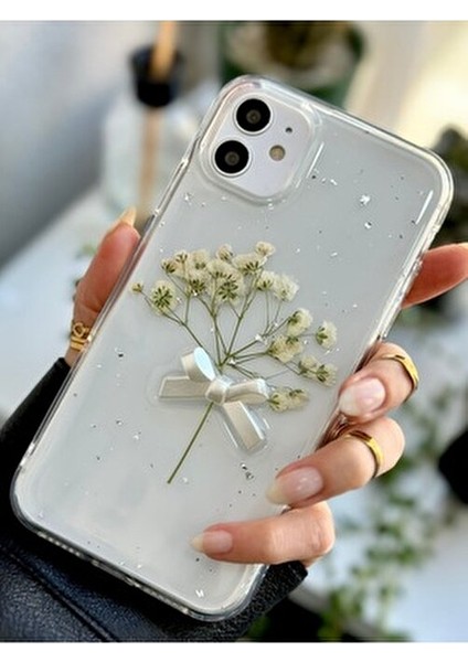 Iphone 11 Uyumlu Şeffaf Buket Simli Çiçek (Gerçek Çiçek) Epoksili Telefon Kılıfı