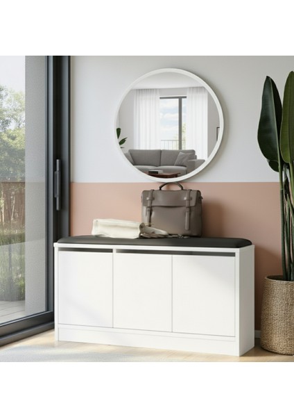Puflu Minderli Oturaklı Aynalı Ayakkabılık Dolap 90CM Beyaz