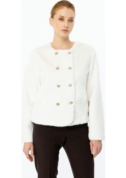 Kadın Düğme Detaylı Peluş Mont 7041 Ekru
