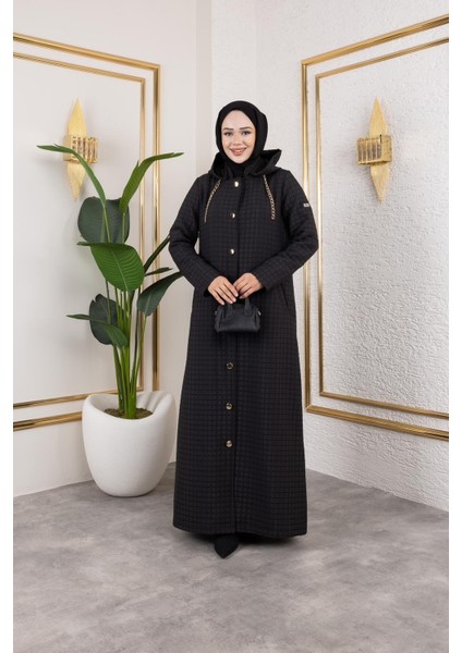 Edahan Kadın Büyük Beden Tam Boy Kapüşonlu Düğmeli Astarsız Kapitone Mont/ceket