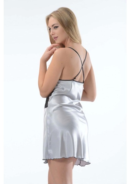 Gri Dantelli Saten Gecelik - M-386 fırsatları